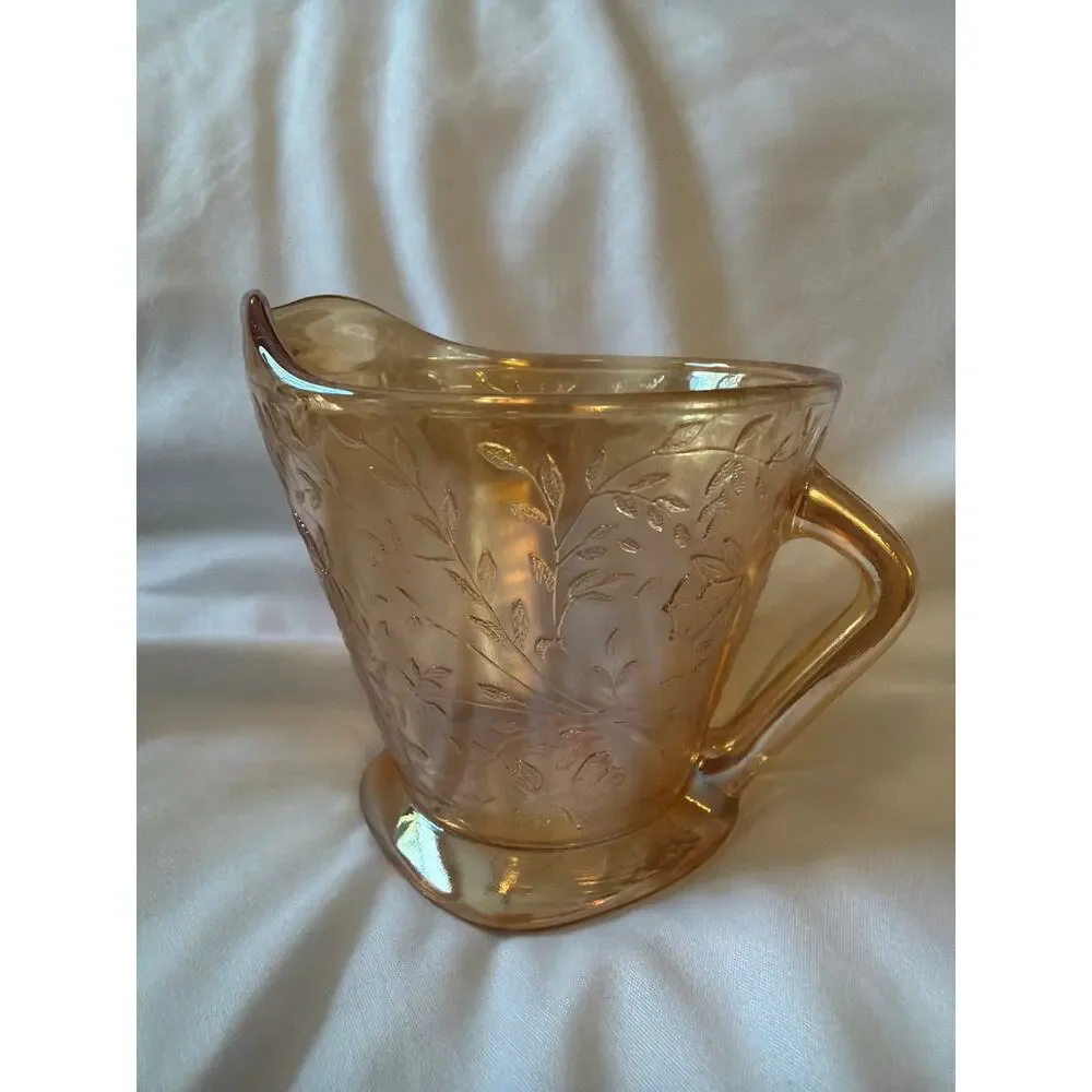 Vintage Pink Depression Carnival Glass Creamer Etched Floral Milk Multitonal